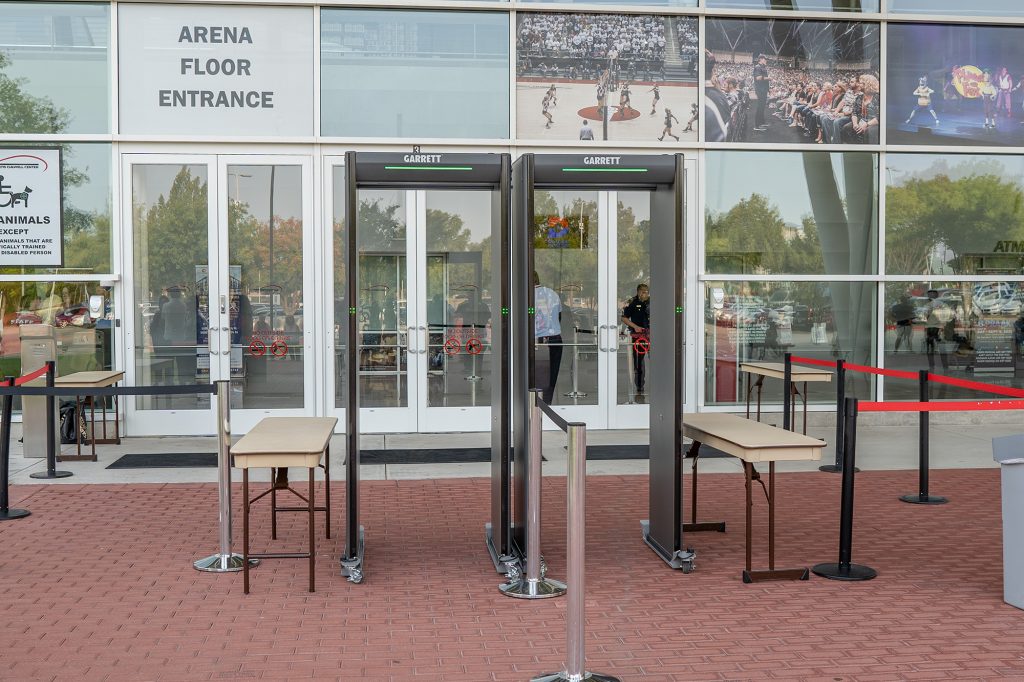 Garrett Paragon walk-through metal detector installed at a secure facility entrance